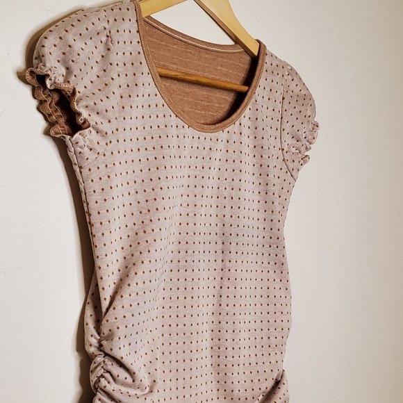 Beige Patterned Dotty Print Top with Ruffled Cap Sleeves - Picture 6 of 9